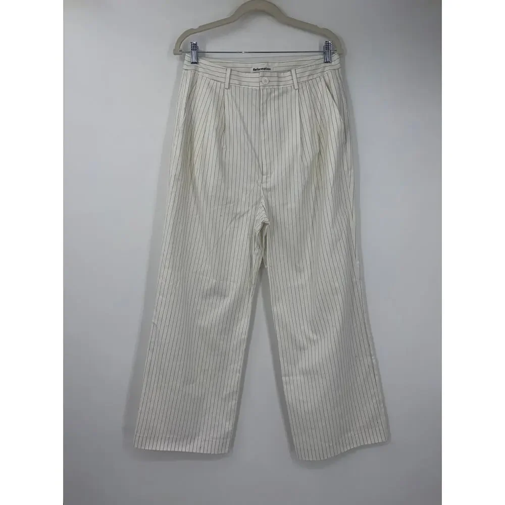 Reformation Oren Pants Size 10 Linen Blend Wide Leg White Stripe Old Money